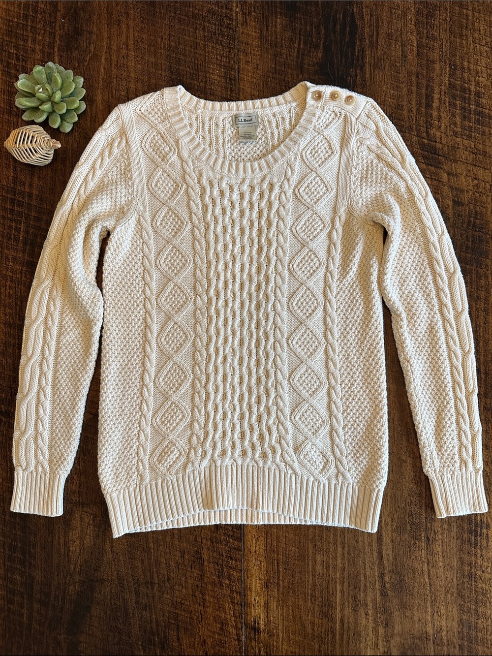 L.L. Bean | VTG Cable Knit Fisherman Sweater Cream Button Shoulder, Size M
